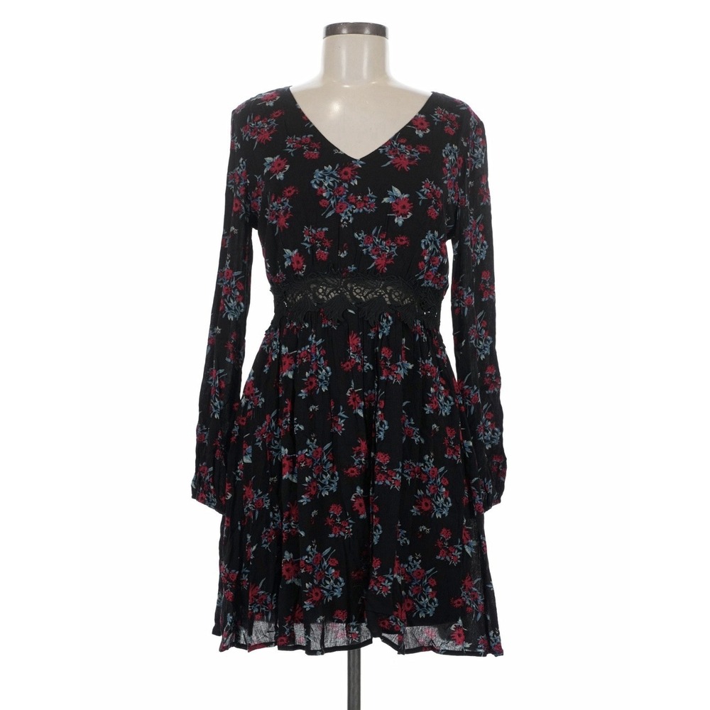 Women's Ayla Y2K Black Red Floral Long Sleeve Mini Dress Whimsigoth Grunge Large